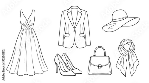 fashion styling, 6 black delicate line drawings vector set collection , white background , PNG and SVG