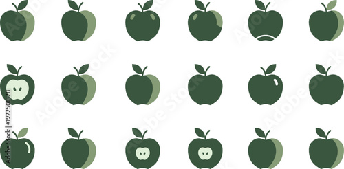 Green apple icon set flat vector collection of fresh fruit symbols whole and sliced isolated on light background