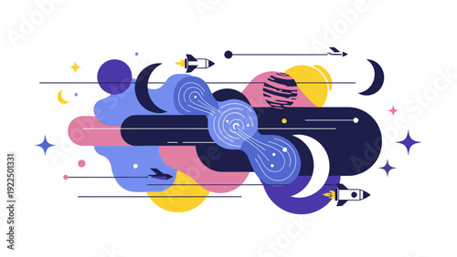 Vibrant abstract illustration of celestial bodies and geometric shapes in a colorful, whimsical composition with a dreamy mood.