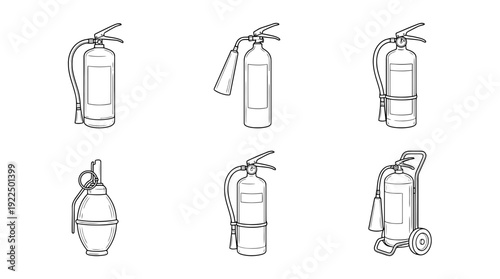 fire extinguisher, 6 black delicate line drawings vector set collection , white background , PNG and SVG
