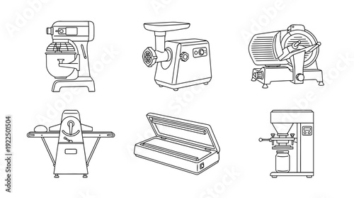 food processing machine, 6 black delicate line drawings vector set collection , white background , PNG and SVG