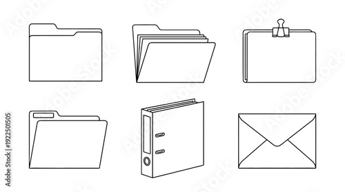 folder, 6 black delicate line drawings vector set collection , white background , PNG and SVG