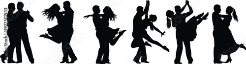 Black silhouettes of happy couples dancing together in various poses, romantic ballroom dance, cad drawing flat vector illustration, party celebration