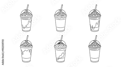 frappuccino, 6 black delicate line drawings vector set collection , white background , PNG and SVG
