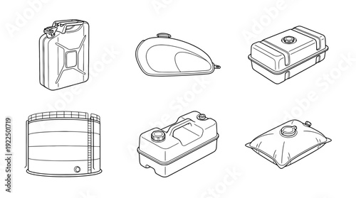 fuel tank, 6 black delicate line drawings vector set collection , white background , PNG and SVG