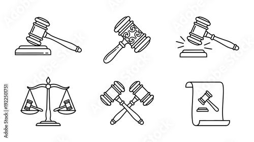 gavel justice, 6 black delicate line drawings vector set collection , white background , PNG and SVG