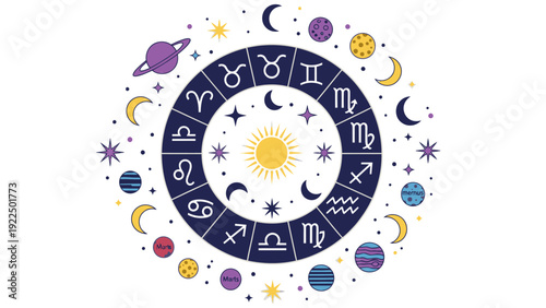 A colorful illustration of a zodiac wheel with astrological symbols and celestial bodies on a white background.