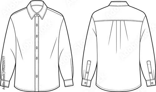 Men long sleeve button down shirt front and back technical fashion flat design template