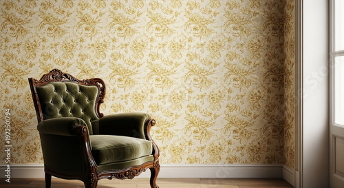 Room interior with ornate floral wallpaper and green velvet armchair. It showcases classic design, conveying elegance, comfort, and relaxation