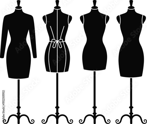 Dress mannequin silhouettes with different women outfits, fashion display dummy forms isolated on white background, black vector illustration set for tailoring and boutique design