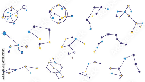 Collection of various molecular structures and chemical bonds on a white background with blue and yellow nodes and connections.