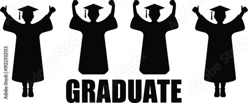 Graduate silhouettes with raised fists wearing graduation caps, celebrating academic achievement isolated on white background, black vector illustration for education success and ceremony concept