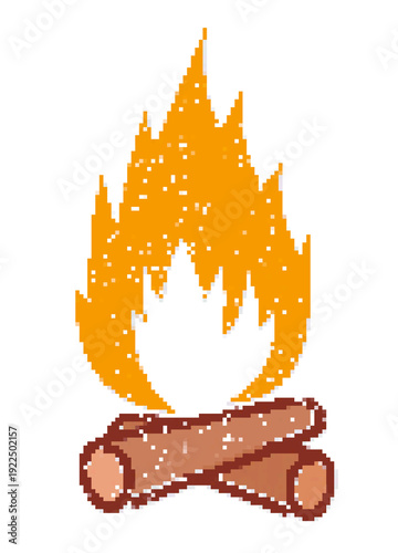 A pixel symbol of a bright fire with firewood.