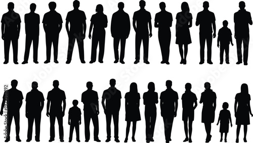 People silhouette collection with men, women and children standing figures isolated on white background, black vector illustration set for crowd, family, and demographic design