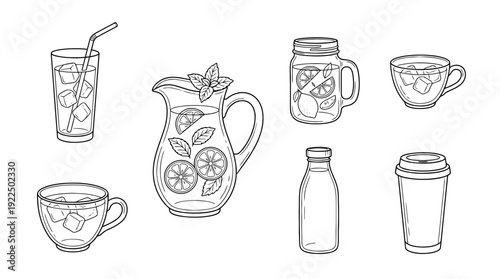 iced tea, 6 black delicate line drawings vector set collection , white background , PNG and SVG