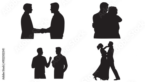 Collection of silhouette icons depicting social interactions and relationships: business handshake, couple hugging, conversation, and ballroom dancing.