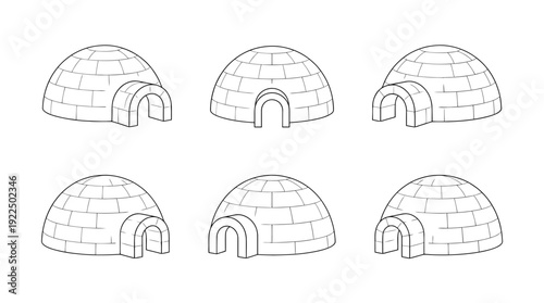 igloo, 6 black delicate line drawings vector set collection , white background , PNG and SVG