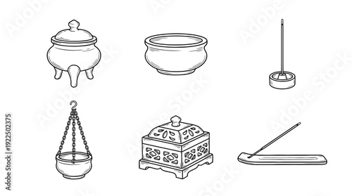 incense burner, 6 black delicate line drawings vector set collection , white background , PNG and SVG