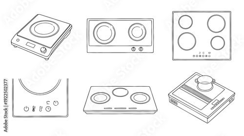 induction cooktop, 6 black delicate line drawings vector set collection , white background , PNG and SVG