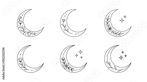 islamic crescent, 6 black delicate line drawings vector set collection , white background , PNG and SVG