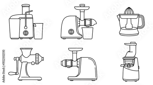 juicer machine, 6 black delicate line drawings vector set collection , white background , PNG and SVG