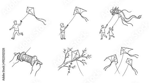 kite flying, 6 black delicate line drawings vector set collection , white background , PNG and SVG
