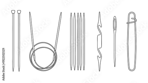 knitting needles, 6 black delicate line drawings vector set collection , white background , PNG and SVG