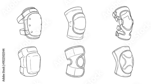 knee pad, 6 black delicate line drawings vector set collection , white background , PNG and SVG