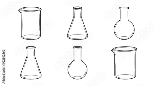 laboratory beaker, 6 black delicate line drawings vector set collection , white background , PNG and SVG