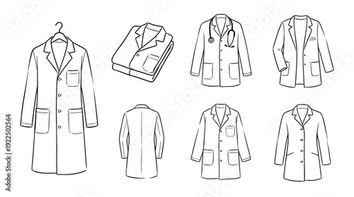 lab coat, 6 black delicate line drawings vector set collection , white background , PNG and SVG