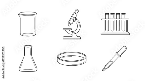 laboratory notebook, 6 black delicate line drawings vector set collection , white background , PNG and SVG