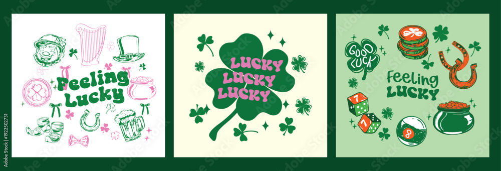 Obraz premium Trendy Feeling Lucky Pink and Green Irish Poster Set