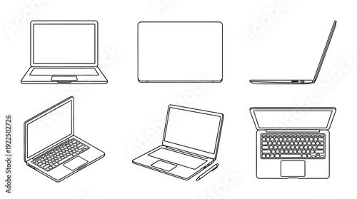 laptop, 6 black delicate line drawings vector set collection , white background , PNG and SVG