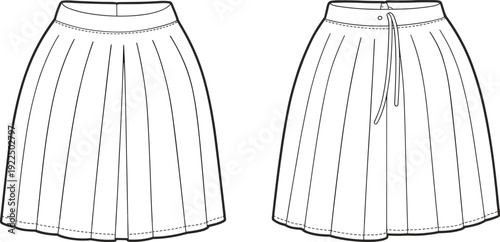 Pleated skirt front and back technical drawing fashion apparel garment outline illustration design