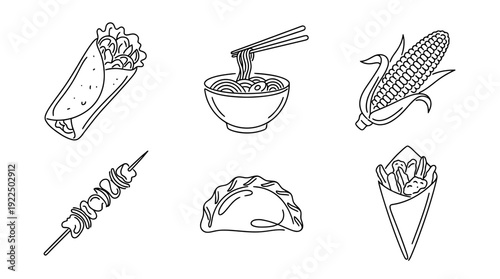 local street food, 6 black delicate line drawings vector set collection , white background , PNG and SVG