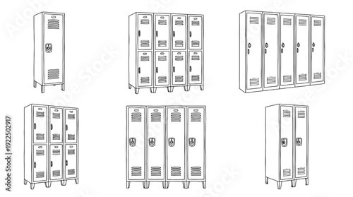 locker, 6 black delicate line drawings vector set collection , white background , PNG and SVG