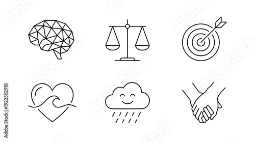 logic vs emotion, 6 black delicate line drawings vector set collection , white background , PNG and SVG
