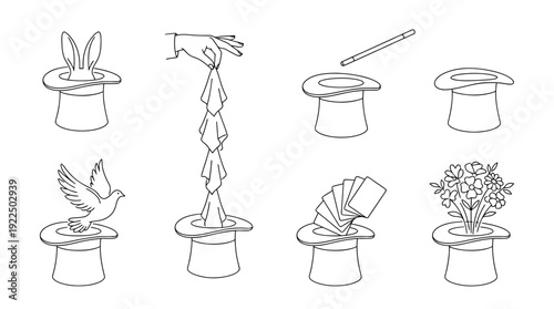 magic tricks hat, 6 black delicate line drawings vector set collection , white background , PNG and SVG