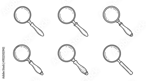magnifying glass, 6 black delicate line drawings vector set collection , white background , PNG and SVG