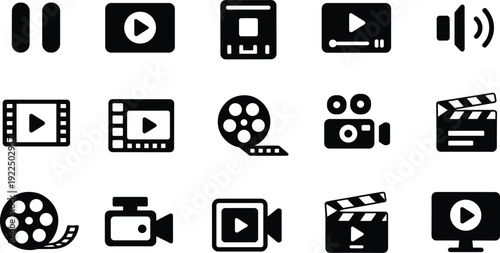 Media player and cinema icon set, black video playback, film reel and camera symbols isolated on light background vector illustration