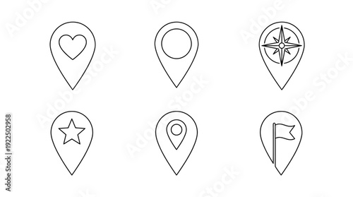 Free Download map pin, 6 black delicate line drawings vector set collection , white background , PNG and SVG - GFXLoad