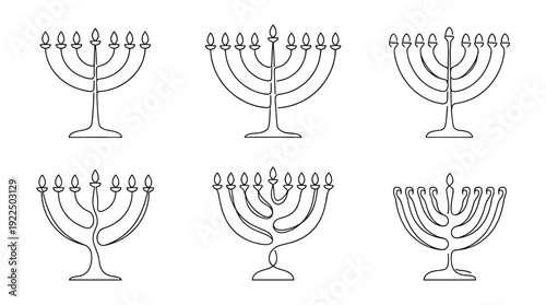 menorah, 6 black delicate line drawings vector set collection , white background , PNG and SVG