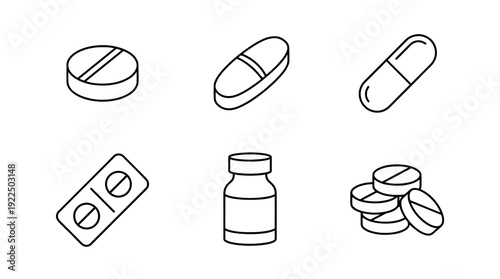 medicine pill, 6 black delicate line drawings vector set collection , white background , PNG and SVG
