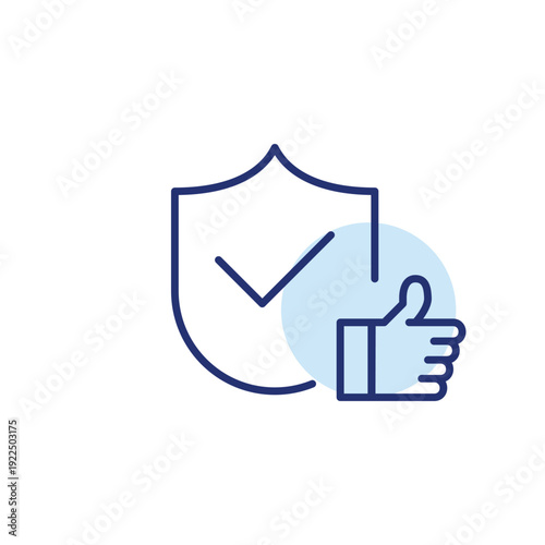 Shield with checkmark and like. Protection approval, security satisfaction, trust verification. Pixel perfect, editable stroke vector icon