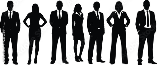 Black silhouette confident business team men and women in suits and dresses standing with hands on hips vector illustration