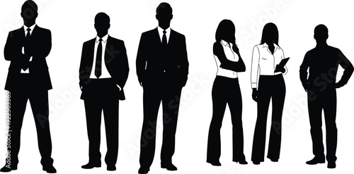 Black silhouette confident business team of men and women in suits, blazers, shirts standing with arms crossed and hands on hips vector illustration