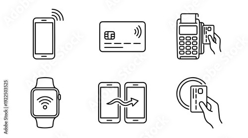 nfc payment, 6 black delicate line drawings vector set collection , white background , PNG and SVG