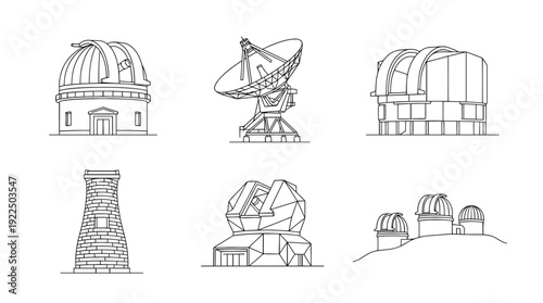 observatory, 6 black delicate line drawings vector set collection , white background , PNG and SVG