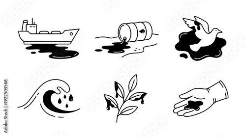 oil spill, 6 black delicate line drawings vector set collection , white background , PNG and SVG