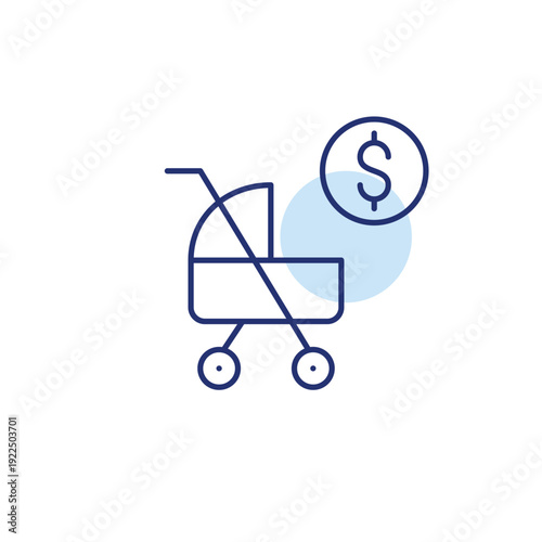 Baby stroller and dollar. Childcare cost, baby expenses, family budget and shopping. Pixel perfect, editable stroke vector icon